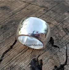 925 Sterling Silver Ring, Wide Band Ring, Handmade Ring, Hammered Dome RAll Size