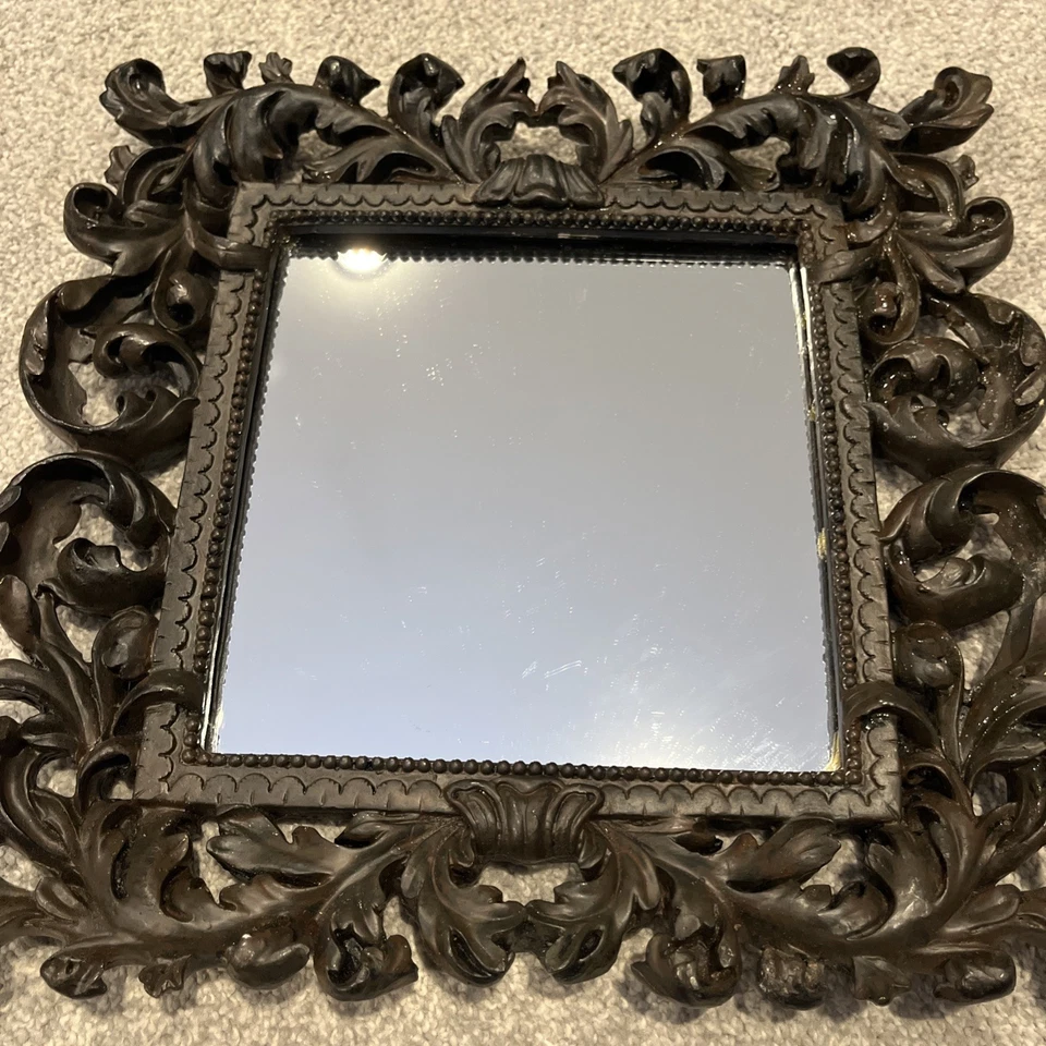 "Espejo con marco de resina marrón oscuro de 12x12"" estilo barroco francés raro de colección" Foto 4 de 4
