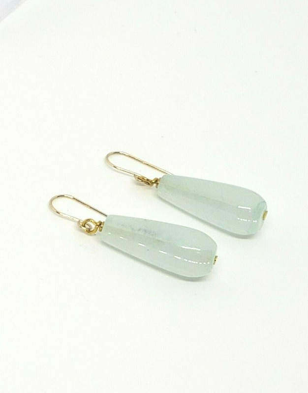 14k Yellow Gold Long Aqua Malaysia Jade Teardrop Dangle Earrings