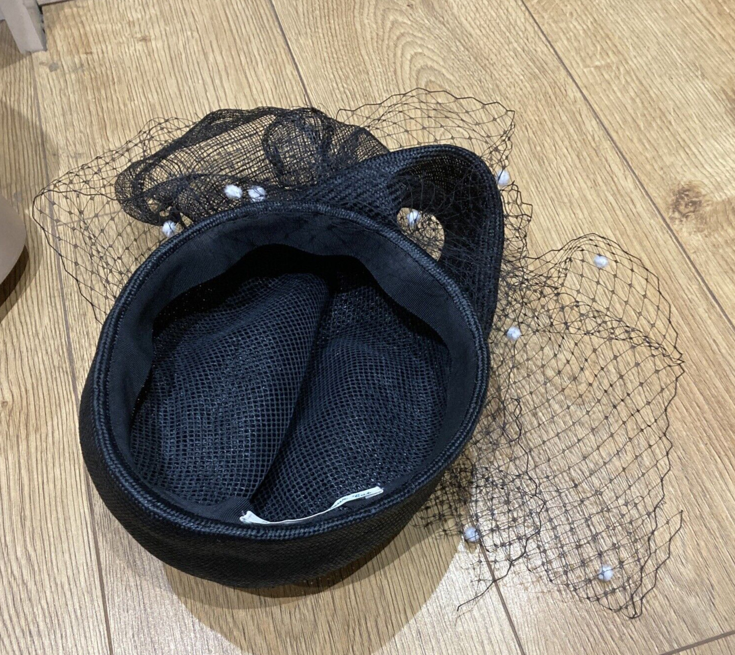 Vintage Black Straw Hat & Veil with White Spots, Size M/L 8