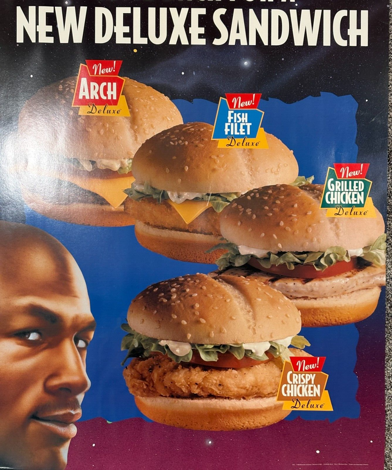 1996 McDonald's Michael Jordan New Deluxe Sandwich Display Sign 29 x 38