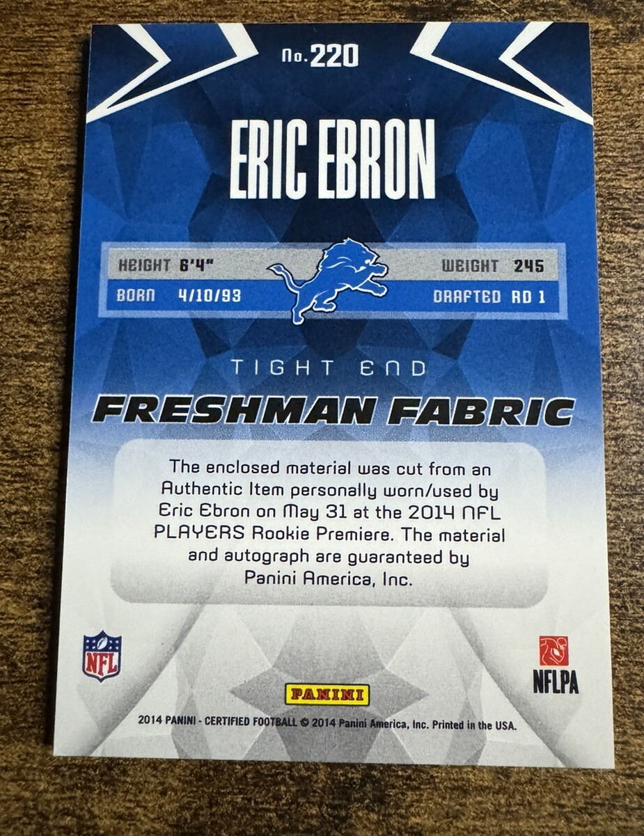 2014 Certified Eric Ebron Freshman Fabric 4 Color Rookie Patch Auto RPA Gold /25 view 2