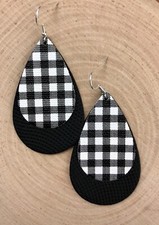 Faux Vegan Leather White Black Buffalo Plaid Teardrop Dangle Earrings Checkered