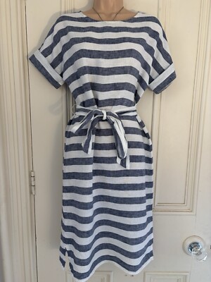 Poetry UK8 linen shift dress white/dark blue stripes, short sleeve