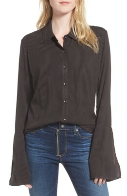 NWT Womens Splendid Bell Sleeve Button Down Shirt, Size S Gray Striped $130 F139