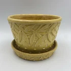 Vintage McCoy Planter + Attached Saucer Hobnail Leaves & Berries 6" MCM Yellow