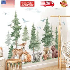 Mountain Tree Wall Stickers Large Pine Tree Forest Animal Bear Fox Peel and S...