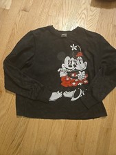 Disney Mickey  Minnie Graphic Sweatshirt Cut Off Cropped Charcoal Women Sz XS