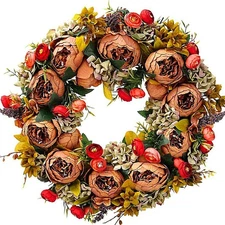 Artificial Peony Flower Wreath 19Inch Vintage Blooming Silk Peonies Spring Su...