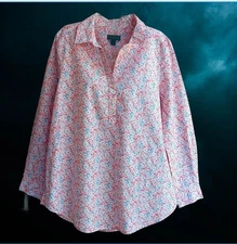 Style & Co. Womens Top Blouse Popover Long Sleeves White Pink Floral Size M