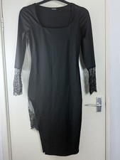 Chic Me Black Bodycon Midi Dress Lace Sleeve Side Split Stretch UK S