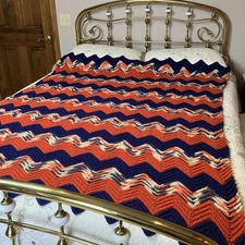 Vtg Handmade Crochet Afghan Throw Zig Zag Chevron Approx 50X65 Blue Orange Bears
