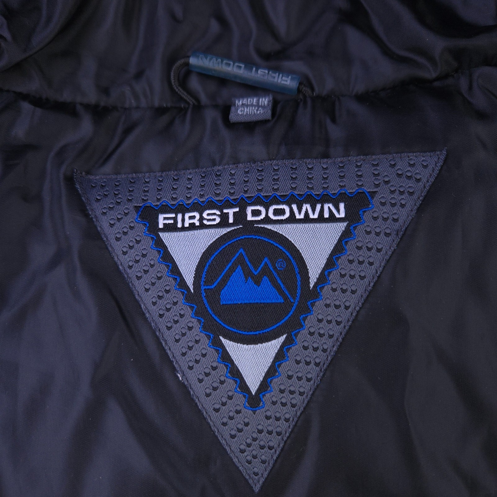 First Down Jacket Mens Medium Puffer Coat Hooded Quilted Mid Length Blue Black image 4
