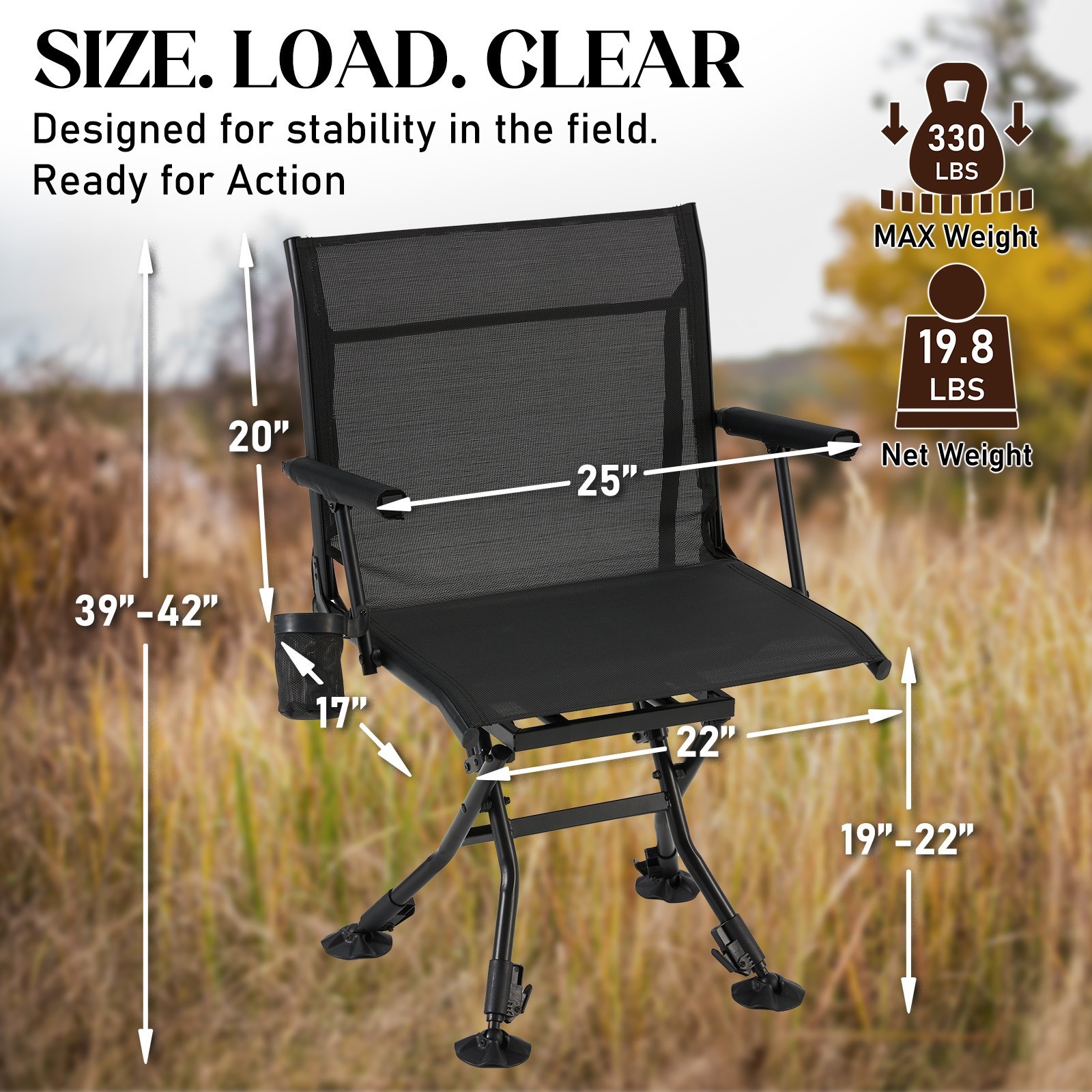 Danrelax 360° Silent Swivel Hunting Chair, Adjustable Height, Mesh Back, Armrest