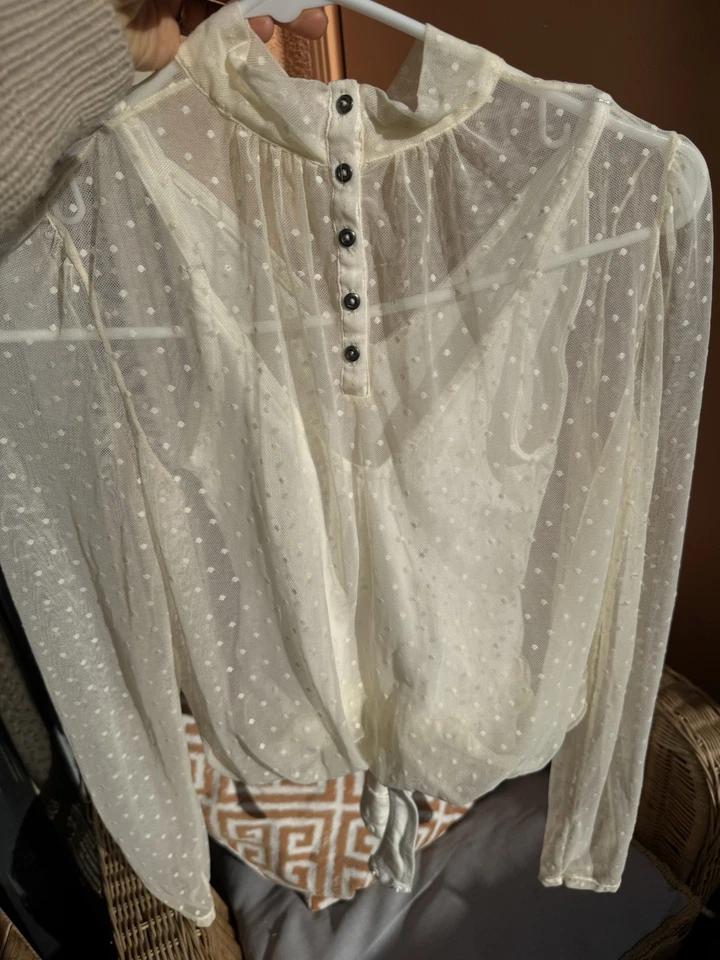 Женский кружевной боди с длинным рукавом Free People день ночь блузка цвета слоновой кости размер XS - Изображение 3 из 4