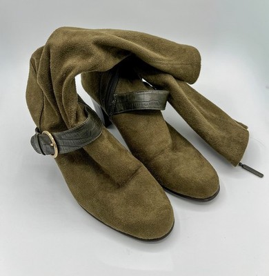 Predictions Tall High Heel Boots Green Faux Suede with Buckle Size 9