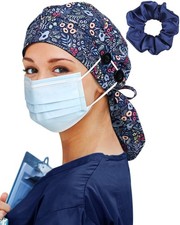 Satin Lined Scrub Cap Women Extra Large Long Hair Surgical Nurse 4 Button