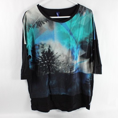 Cecil Women's Mid Sleeve Top Black Sleeves & Blue Pattern Bodice Size Medium