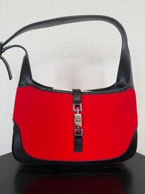 Gucci One Shoulder Bag Leather Metal Red Black Women's From Japan Authentic