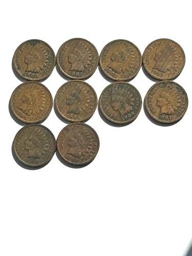 Indian Head Cent Pennies 1900 - 1909  (10 COINS) G / VG as shown.