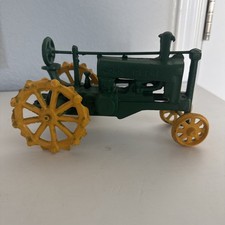 Vintage John Deere Cast Iron Tractor Green Yellow Spoked Wheels Collectible
