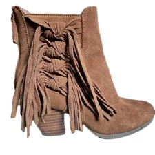Leather Suede Fringe Ankle Boots Yellow Box Bikendi Chestnut Boho Wmns Size 6.5 