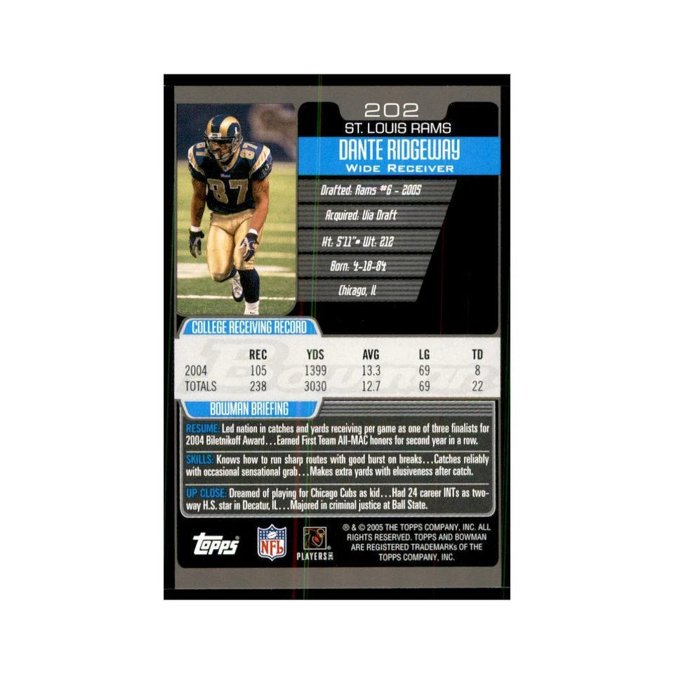 2005 Bowman Dante Ridgeway RC Football Cards #202 - Image 2 of 3