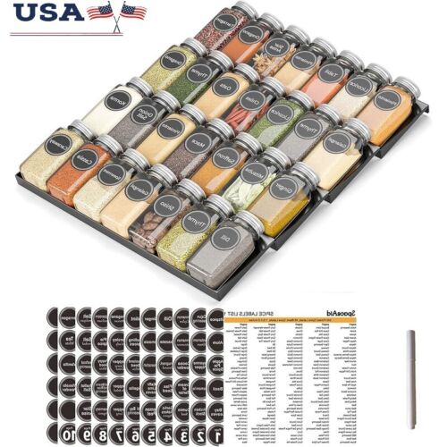 4 Tier Spice Drawer Organizer W/ 28 Glass Jars 386 Labels Kitchen Storage New