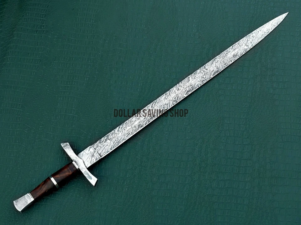 Hand Forged Medieval Knight Templar Damascus Steel Sword with Leather Cover - Image 4 of 4
