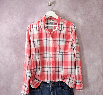 Old Navy Shirt Womens Small White Pink Plaid Boyfriend Button Up Long Sleeve