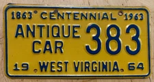 CENTENNIAL 1863 1964 WEST VIRGINIA  ANTIQUE AUTO LICENSE PLATE " 383 " HISTORIC