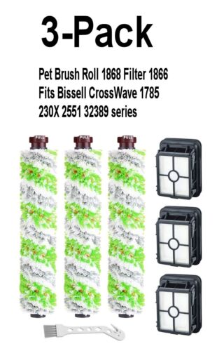 3-Pack Pet Brush Roll 1868 Filter 1866 for Bissell CrossWave Vacuum 1785 230X - 第 1/6 張圖片
