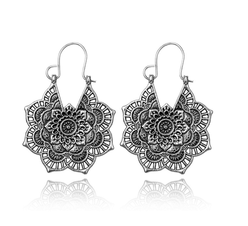 Hoop Heart Gold Boho Vintage Tibetan Flower Ornate Hoop Dangle Earrings - Picture 14 of 28