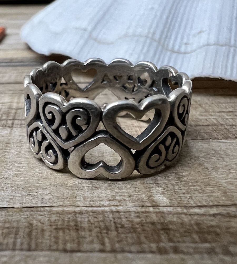 Vintage Ring Sterling Silver Band of Hearts Signed ATI 925