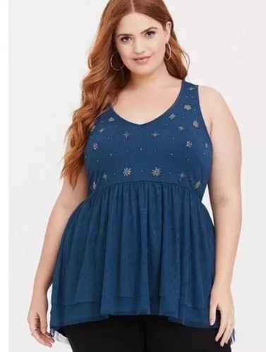Torrid Blue Embellished Sleeveless Babydoll Tank Top SZ 1X Whimsigoth Fairy Core - Picture 9 of 10