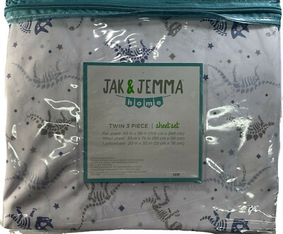Jak & Jemma, 3 Pc - Kids Boys Dino Skeleton Pattern Sheet Set, Twin