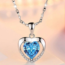925 Sterling Silver Heart Crystal Pendant Necklace Women Gift Jewellery UK