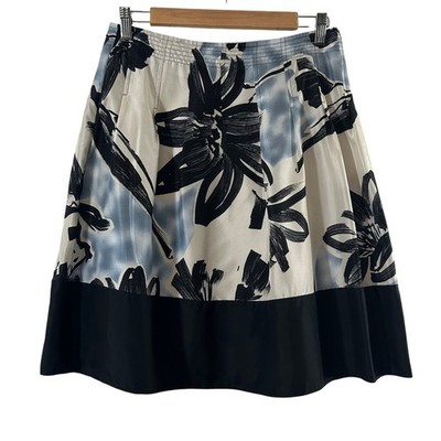 BCBGMAXAZRIA Womens Silk Abstract Floral A-Line Skirt Blue Black Cream Size 2