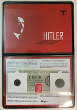 World War II CERTIFIED Two German Coins 1,10 Rp & 1 Reichsmark Bill & Stamp