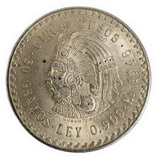 1948 Mexico Cuauhtemoc Cinco Pesos 30 Gramos Ley 0.900 Eagle on Back Silver Coin