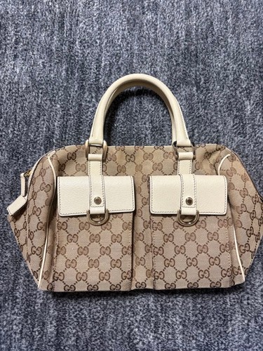 GUCCI Beige Logo Pattern Canvas Leather Handbag with Storage Bag
