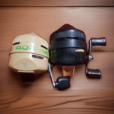 Set Of 2 Vintage 404 Fishing Reels Tan & Black Spin Cast Working USA Tested