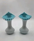 Pair Of Fenton Aqua Blue Crest Milk Glass Ruffled Edge Jack in Pulpit Vases 9"