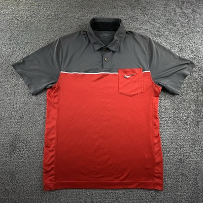 Nike S Golf Tour Performance Dry Fit Red & Gray Color Block Shirt Men's Pocket