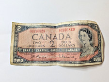 1954 Canada $2 Two Dollar Bill Note, Rare Date, NO Devils Head