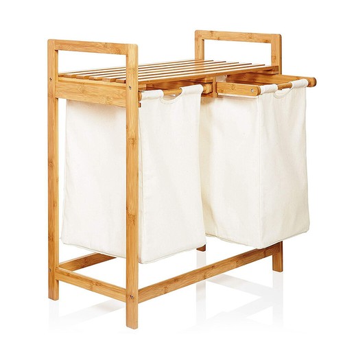 Bamboo Laundry Hamper Laundry Double Basket Wooden Laundry Sorter for Home Use - Picture 8 of 12