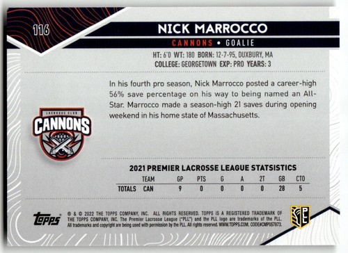 2022 Topps Premier Lacrosse League Nick Marrocco #116 - Picture 2 of 2