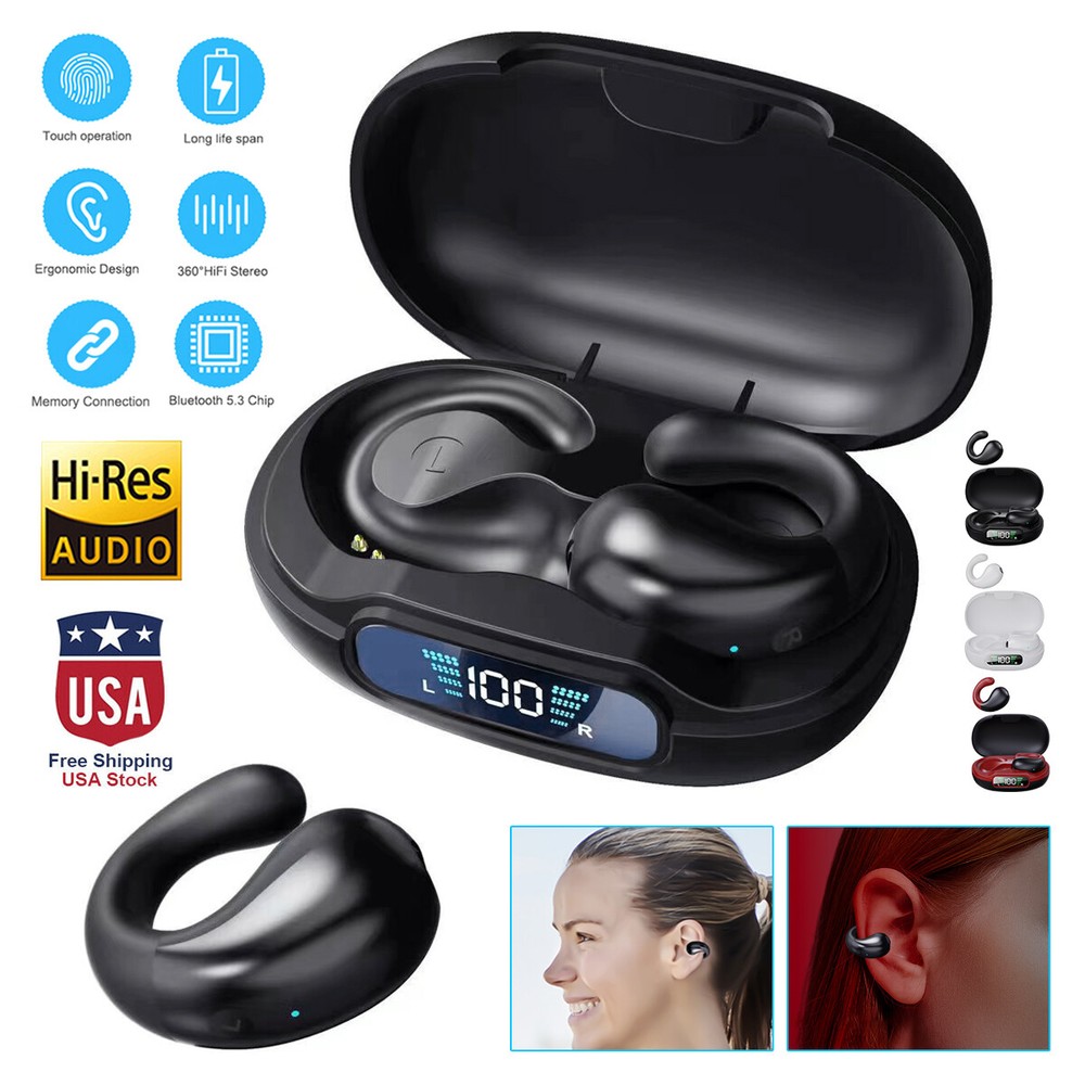 Wireless Ear Clip Bone Conduction Headphones Bluetooth 5.3 Earbuds Sport-headset
