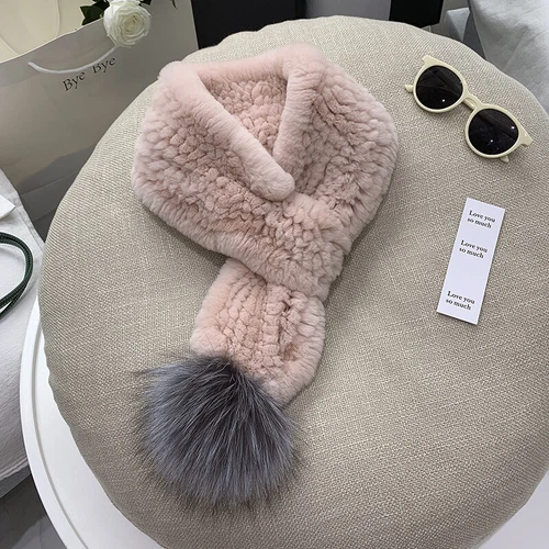 Real Rex Rabbit Fur Scarf Winter Warm Neckerchief Fox Fur Pom pom Fluffy Soft - Picture 3 of 24