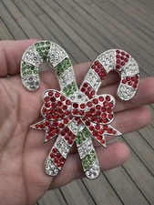 Candy cane red green LARGE rhinestone brooch pin NEW Jewelry gift 3"